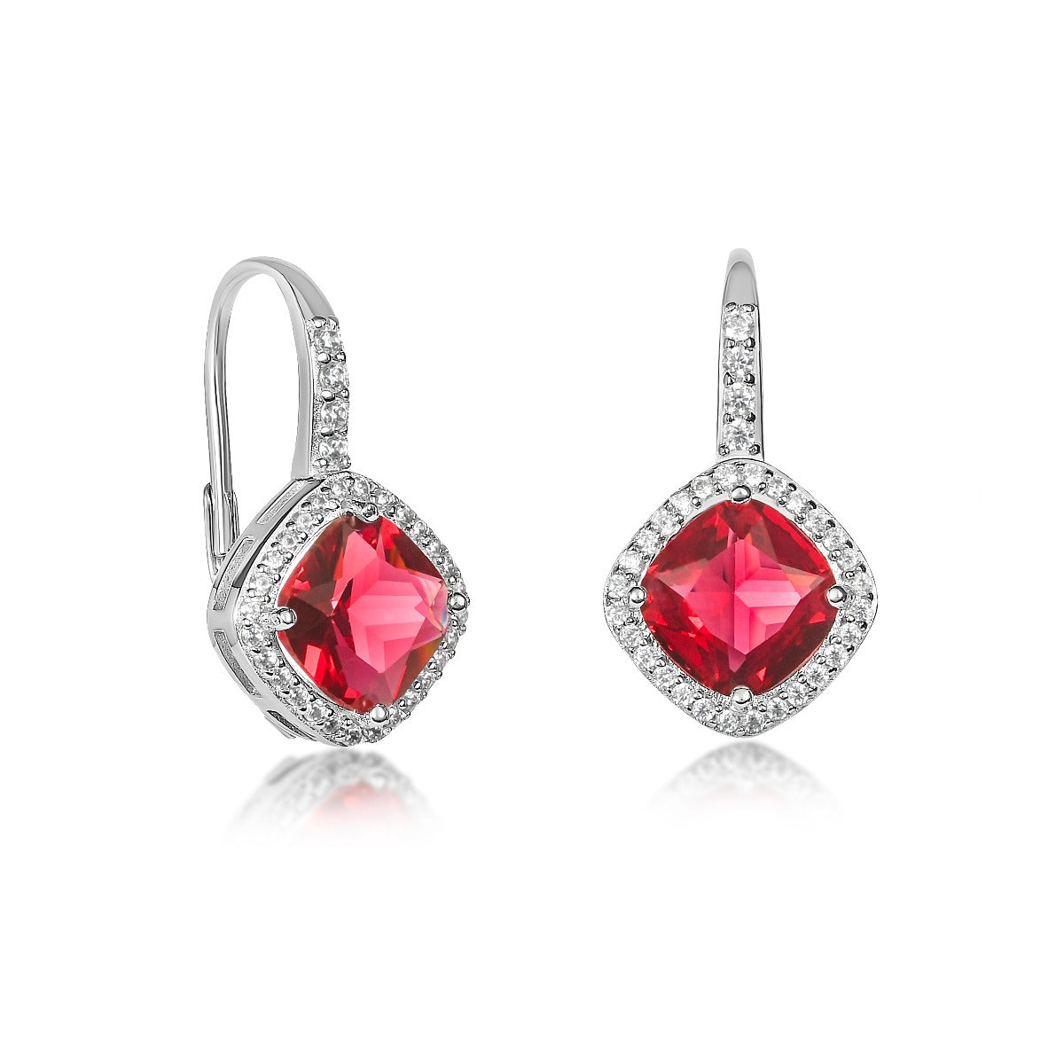 Sterling Silver Red Cushion Shaped  Drop Earrings with Leverback clasps
