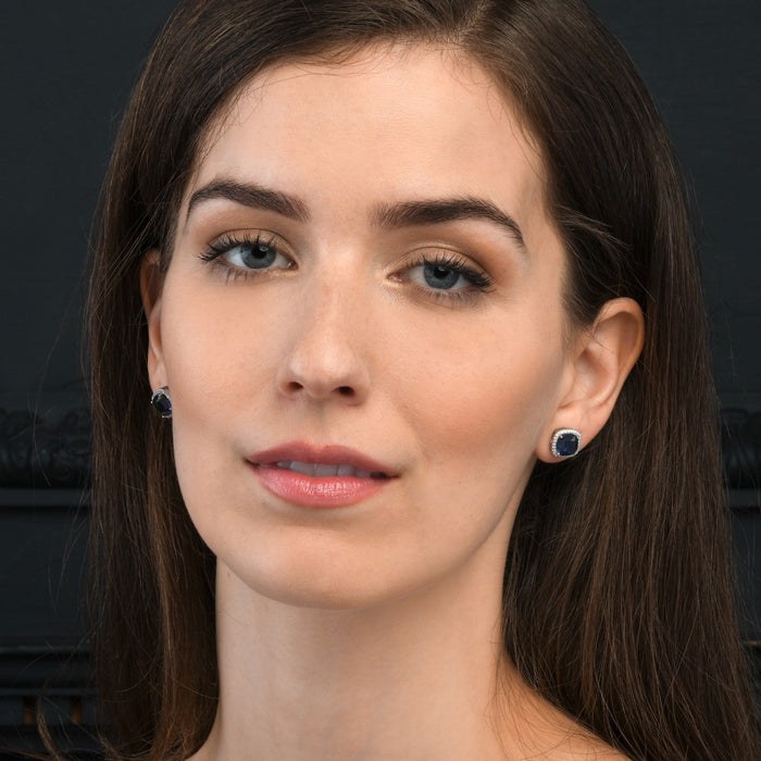 Sterling Silver Cushion Shaped Blue Stud Earrings