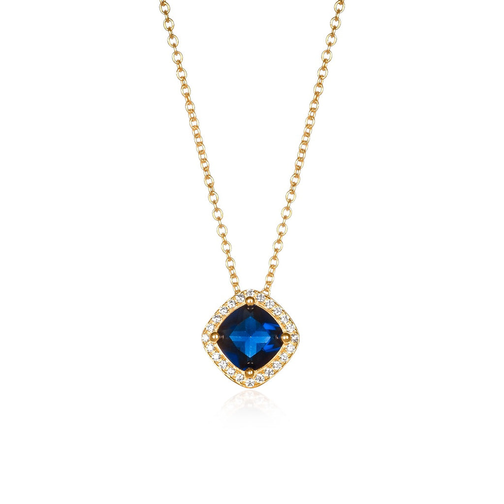 Gold Plated Sterling Silver Blue Cushion Shaped Halo Pendant Necklace