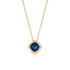 Gold Plated Sterling Silver Blue Cushion Shaped Halo Pendant Necklace