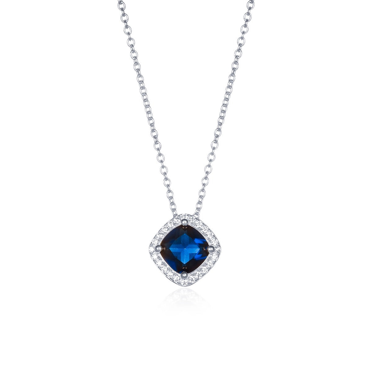 Sterling Silver Cushion Shaped Blue Halo Pendant Necklace