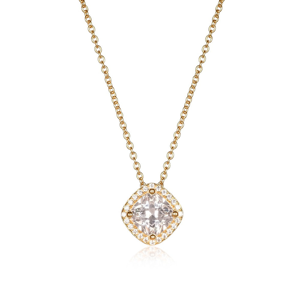 Gold Plated Sterling Silver Cushion Shaped Halo Pendant Necklace