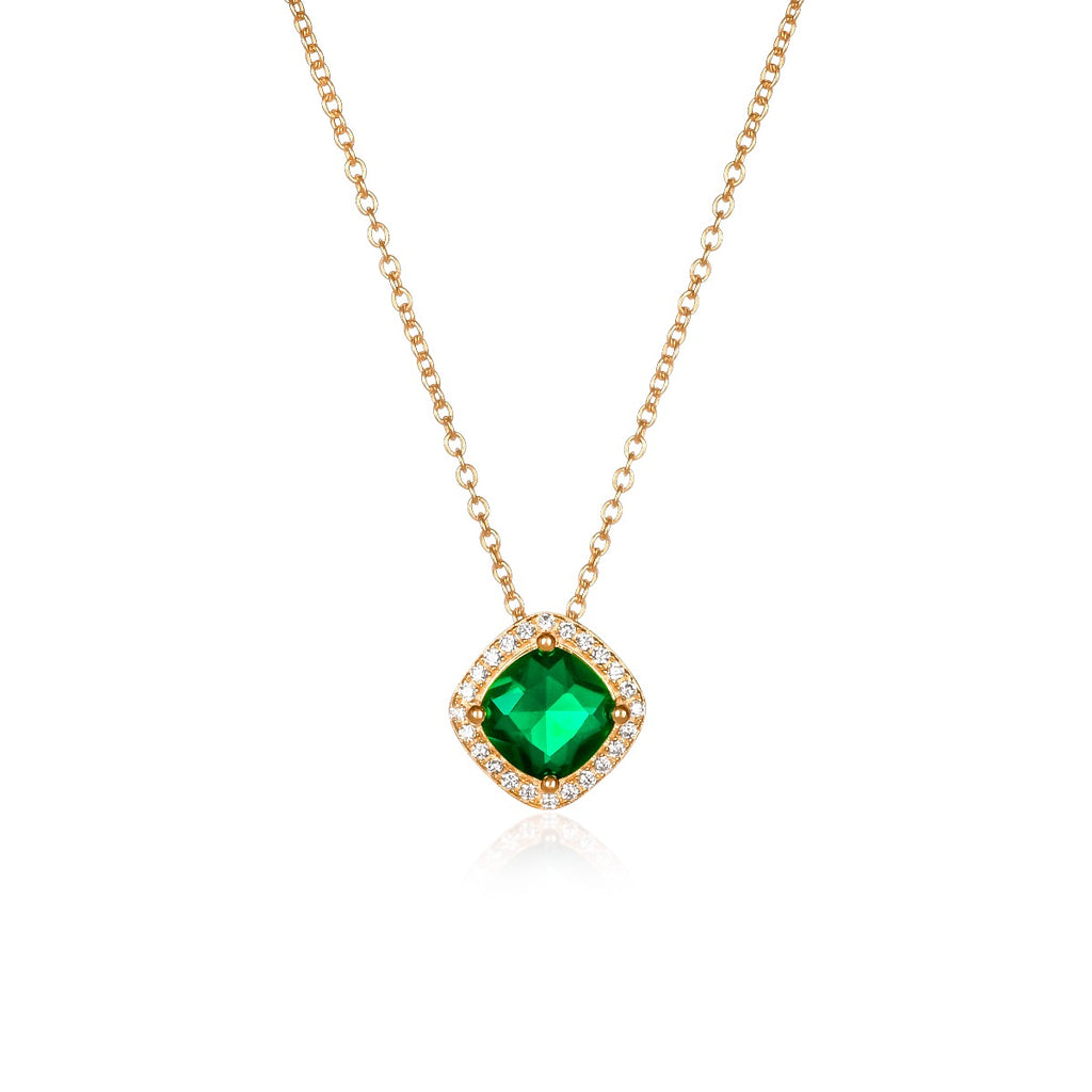 Gold Plated Sterling Silver Green Cushion Shaped Halo Pendant Necklace