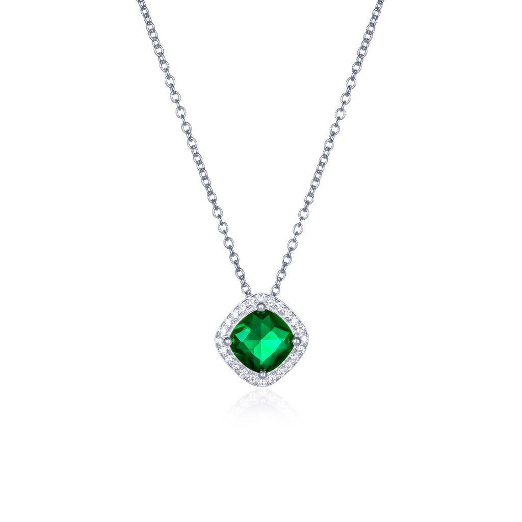 Sterling Silver Green Cushion Shaped Halo Pendant Necklace