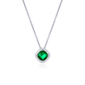 Sterling Silver Green Cushion Shaped Halo Pendant Necklace