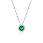Sterling Silver Green Cushion Shaped Halo Pendant Necklace