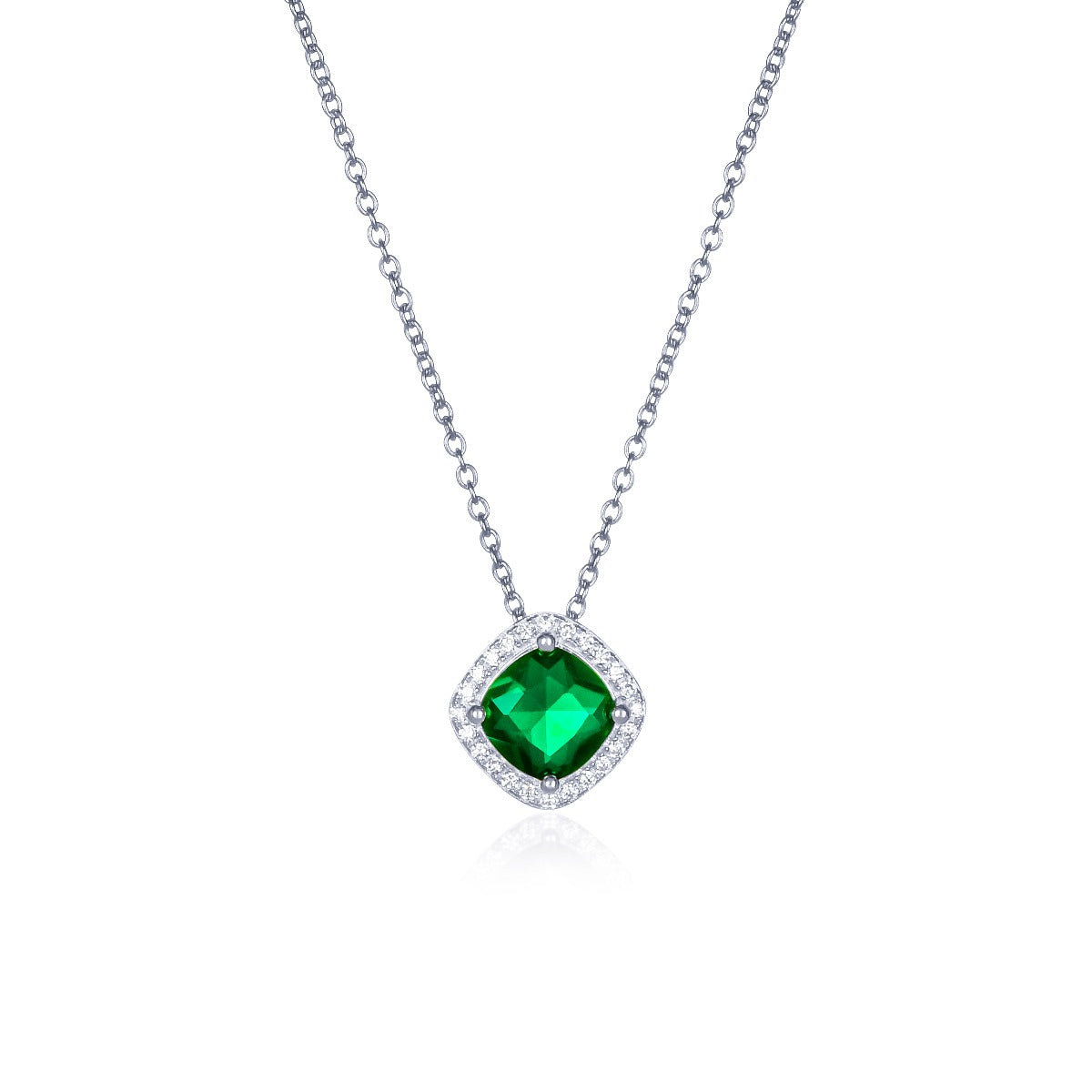 Sterling Silver Green Cushion Shaped Halo Pendant Necklace