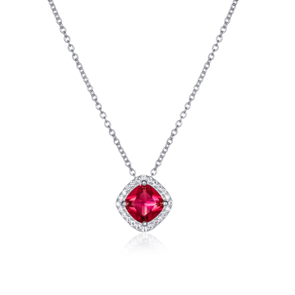 Sterling Silver Cushion Shaped Red Halo Pendant Necklace