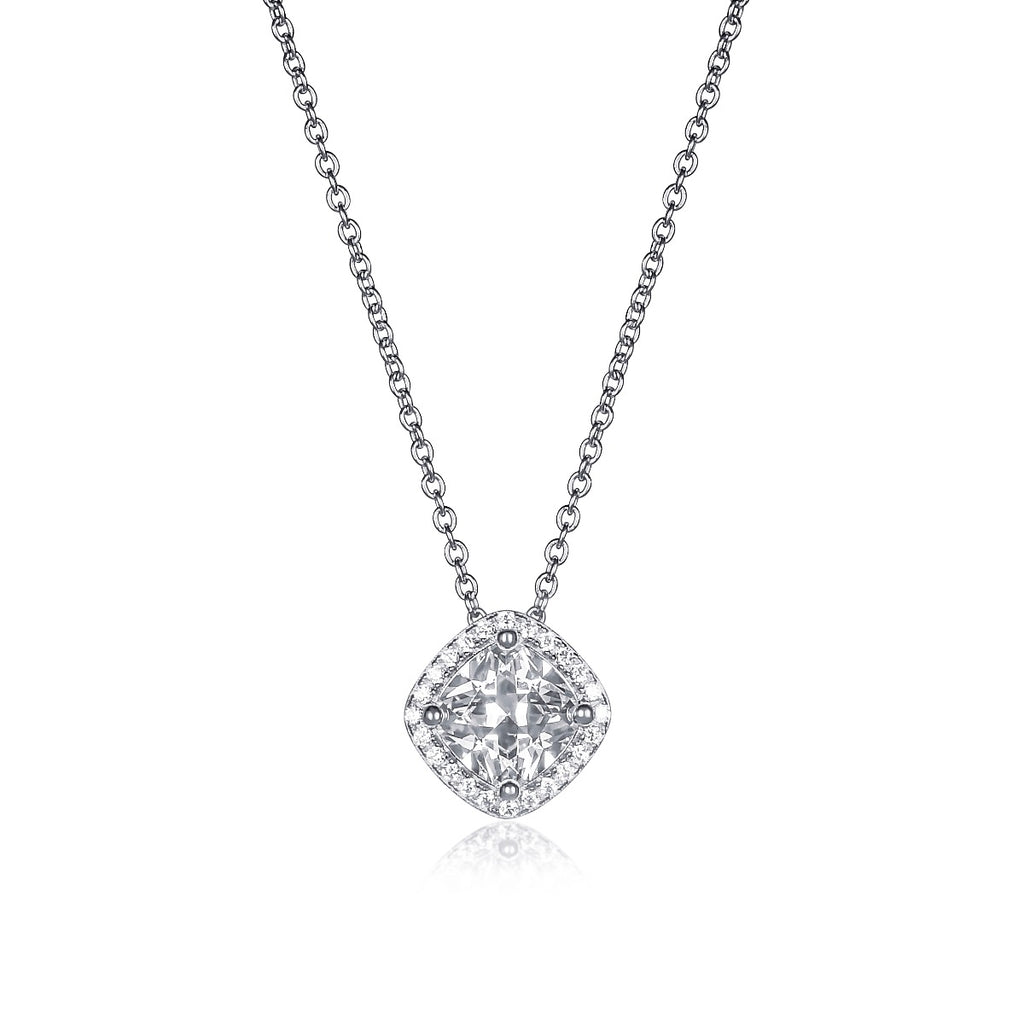 Sterling Silver Cushion Shaped Cubic Zirconia Halo Pendant Necklace