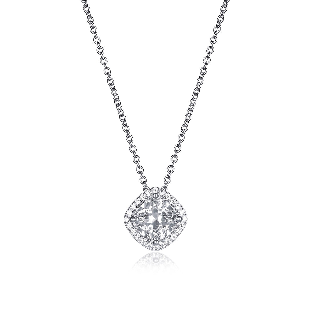 Sterling Silver Cushion Shaped Cubic Zirconia Halo Pendant Necklace