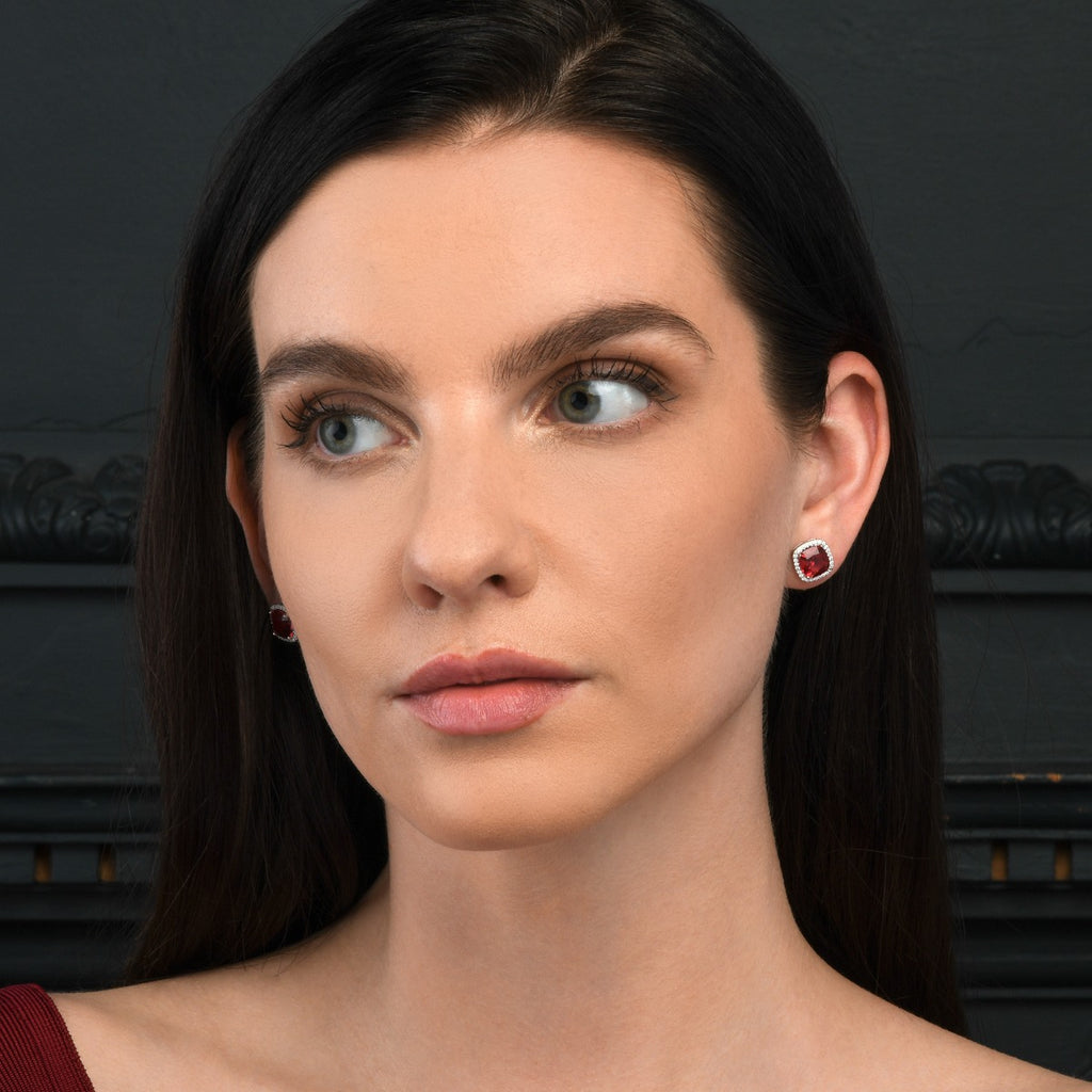 Sterling Silver Cushion Shaped Red Stud Earrings