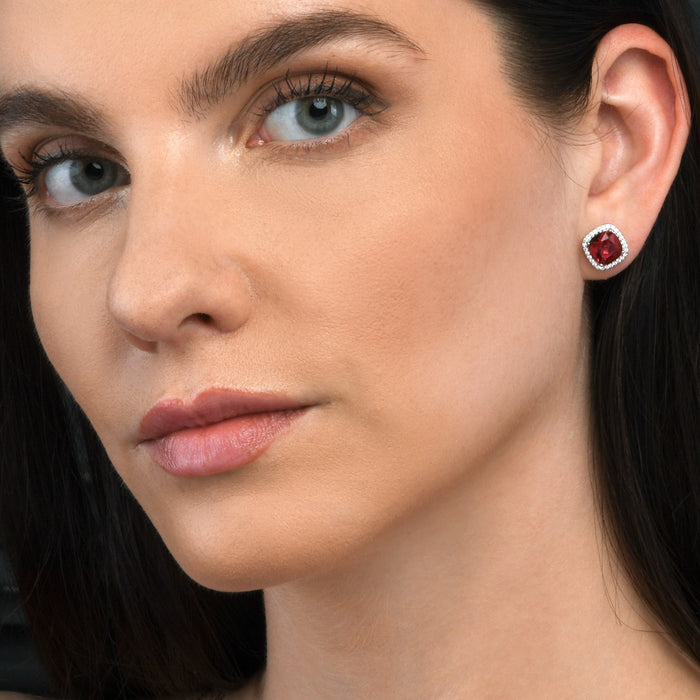 Sterling Silver Cushion Shaped Red Stud Earrings