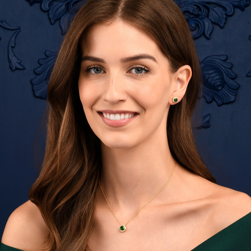 Gold Plated Sterling Silver Green Cushion Shaped Halo Pendant Necklace