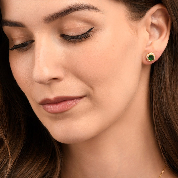 Gold Plated Sterling Silver Cushion Shaped Green Halo Stud Earrings