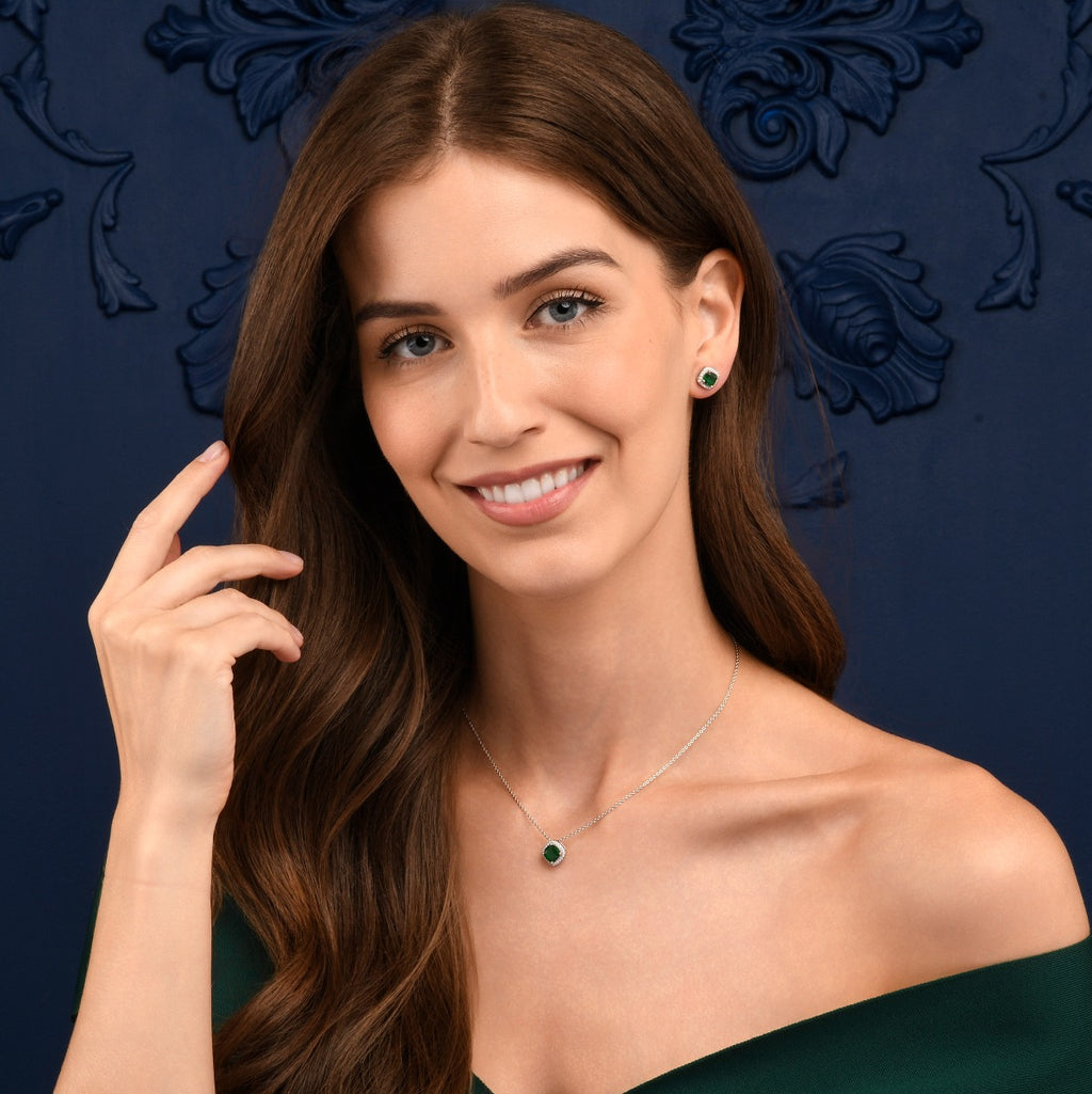 Sterling Silver Green Cushion Shaped Halo Pendant Necklace