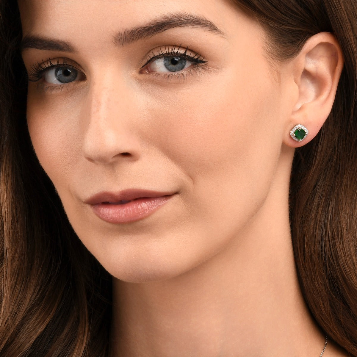 Sterling Silver Green Cushion Shaped Halo Stud Earrings