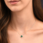Sterling Silver Green Cushion Shaped Halo Pendant Necklace
