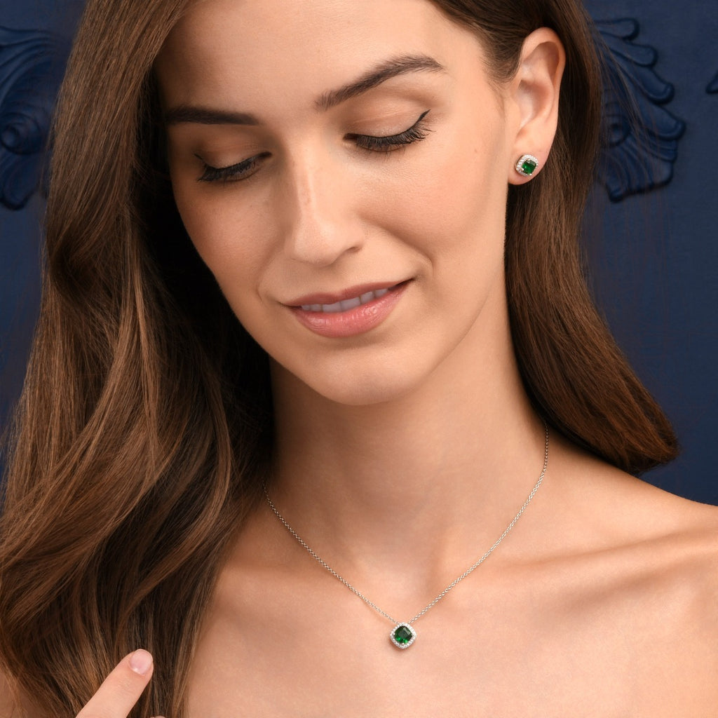 Sterling Silver Green Cushion Shaped Halo Pendant Necklace