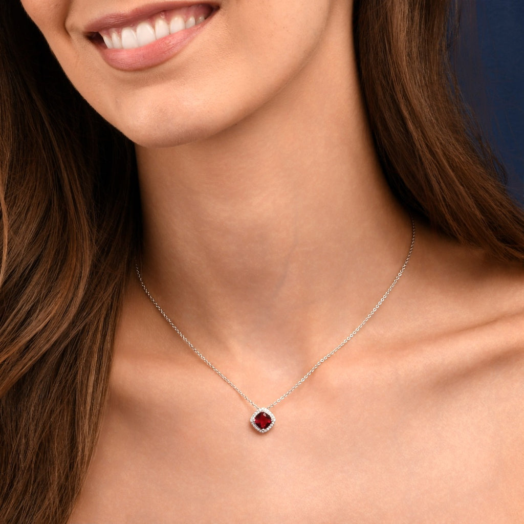 Sterling Silver Cushion Shaped Red Halo Pendant Necklace