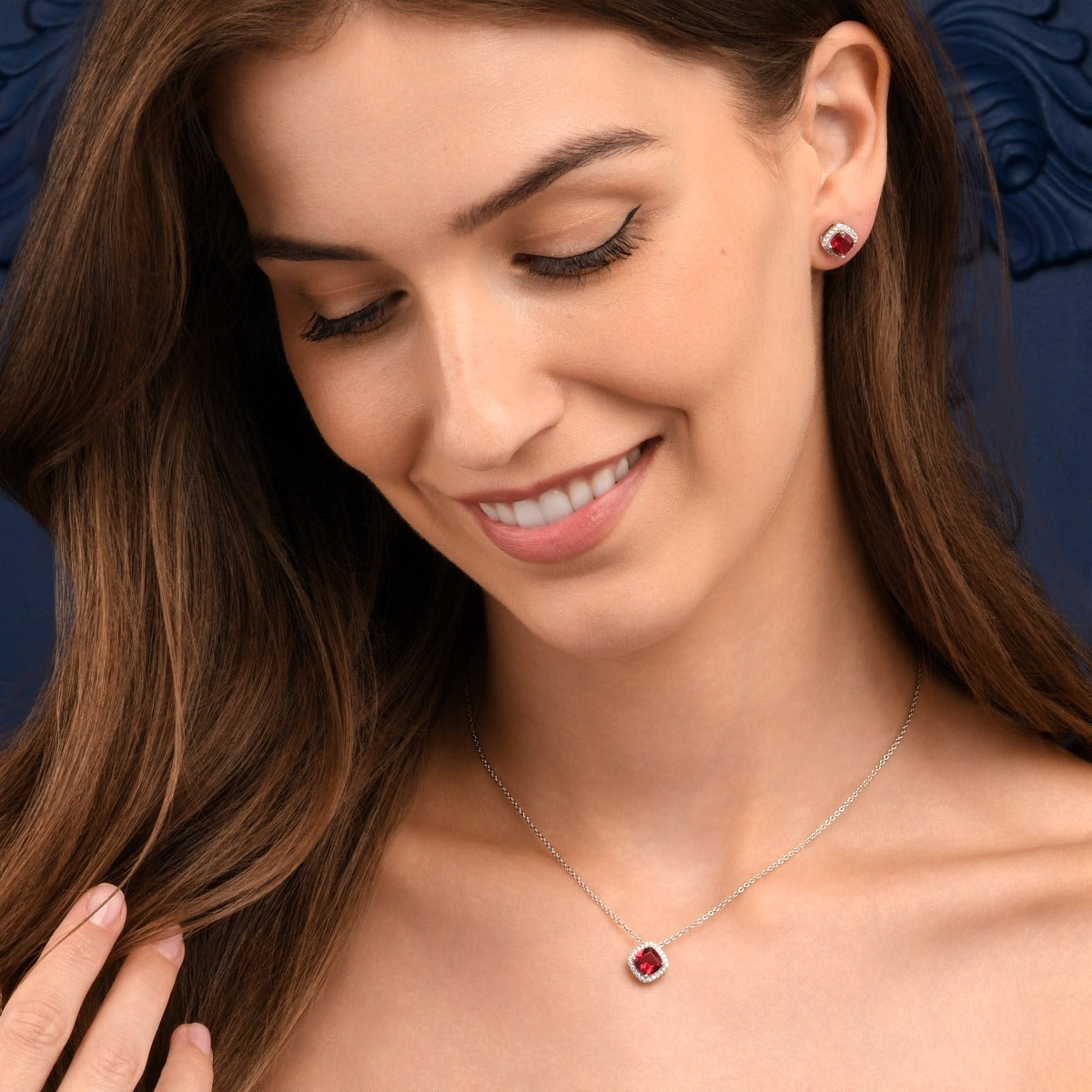 Sterling Silver Cushion Shaped Red Halo Pendant Necklace