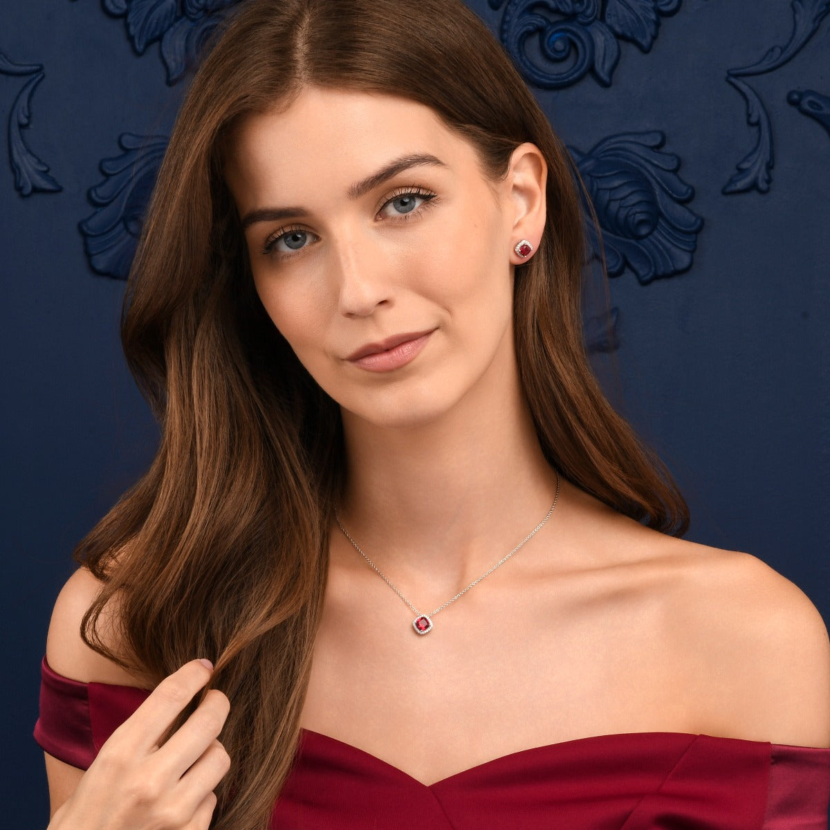 Sterling Silver Cushion Shaped Red Halo Pendant Necklace