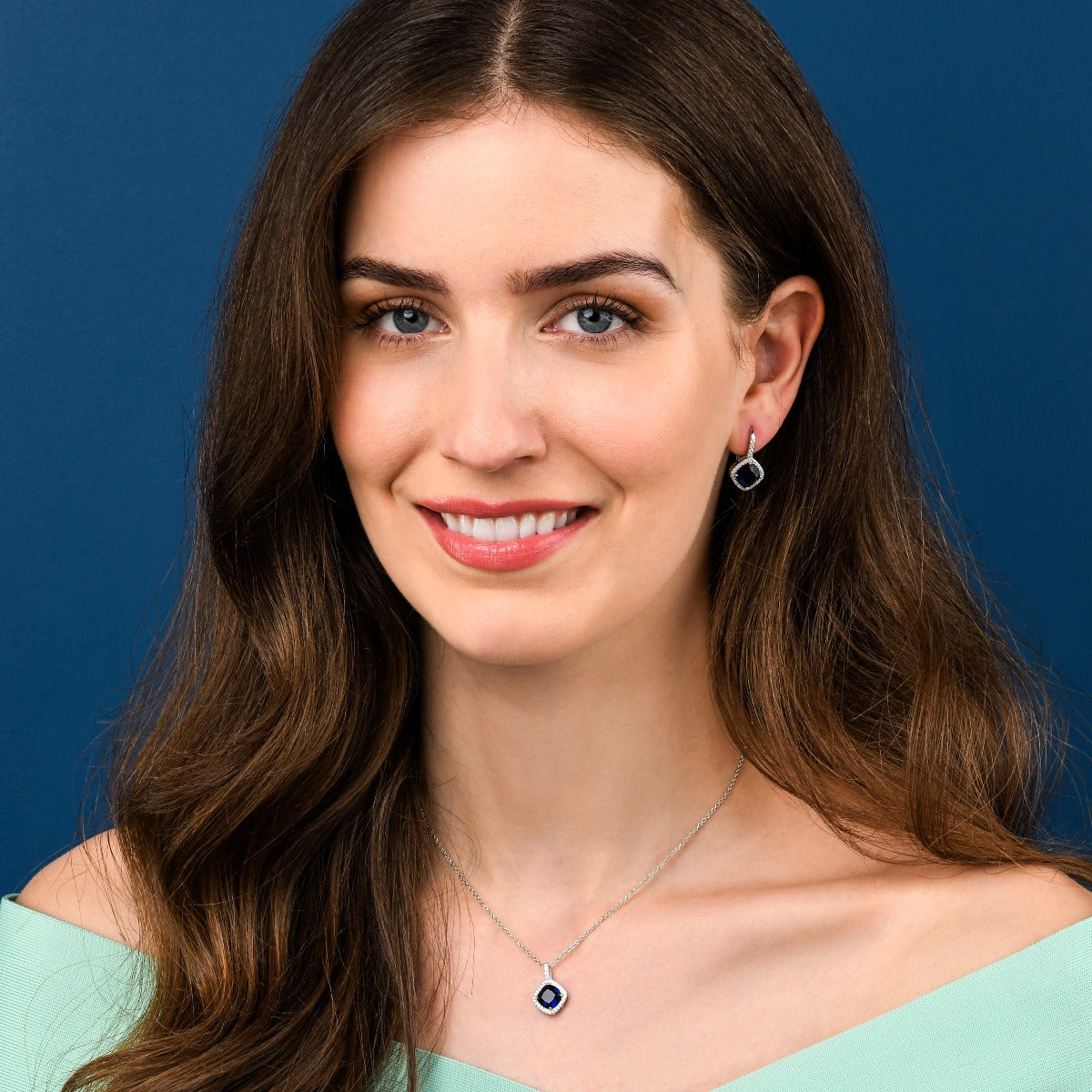 Sterling Silver Cushion Shaped Blue Pendant Necklace