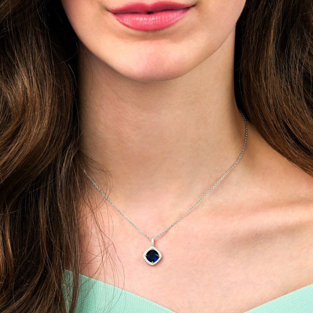 Sterling Silver Cushion Shaped Blue Pendant Necklace