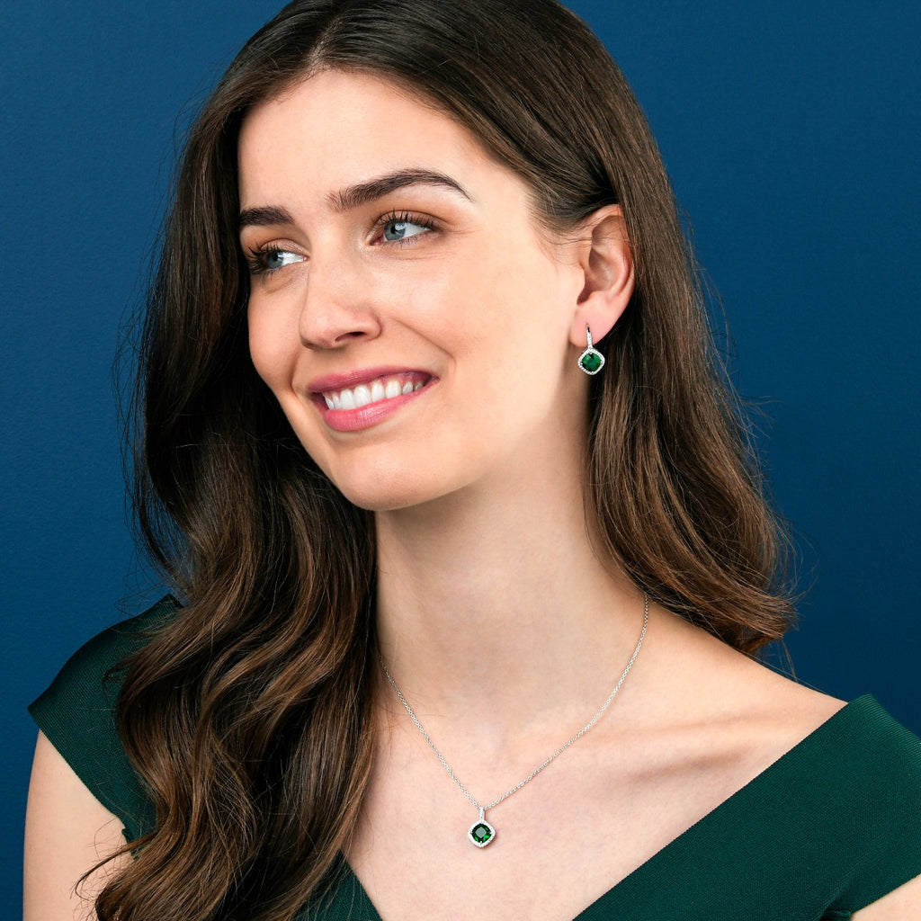 Sterling Silver Green Cushion Shaped  Drop Earrings with Leverback clasps