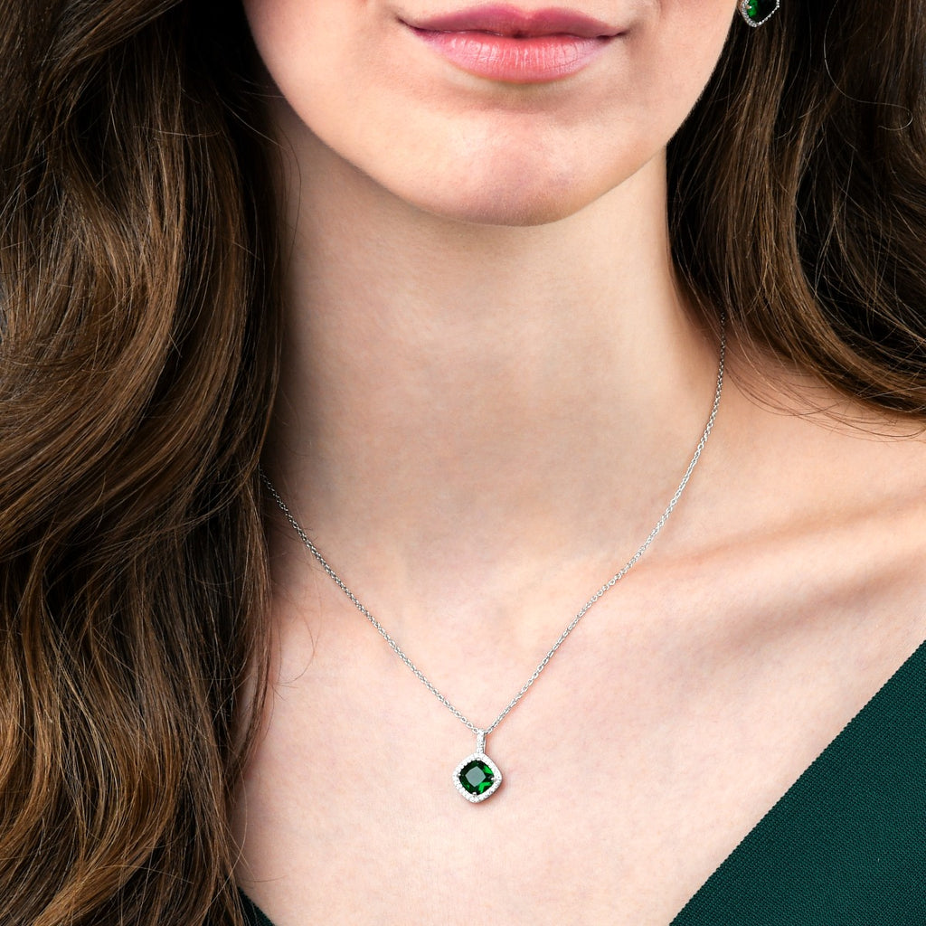 Sterling Silver Cushion Shaped Green Pendant Necklace
