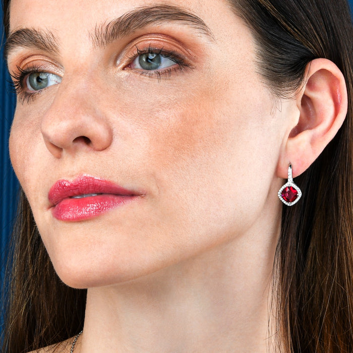 Sterling Silver Red Cushion Shaped  Drop Earrings with Leverback clasps