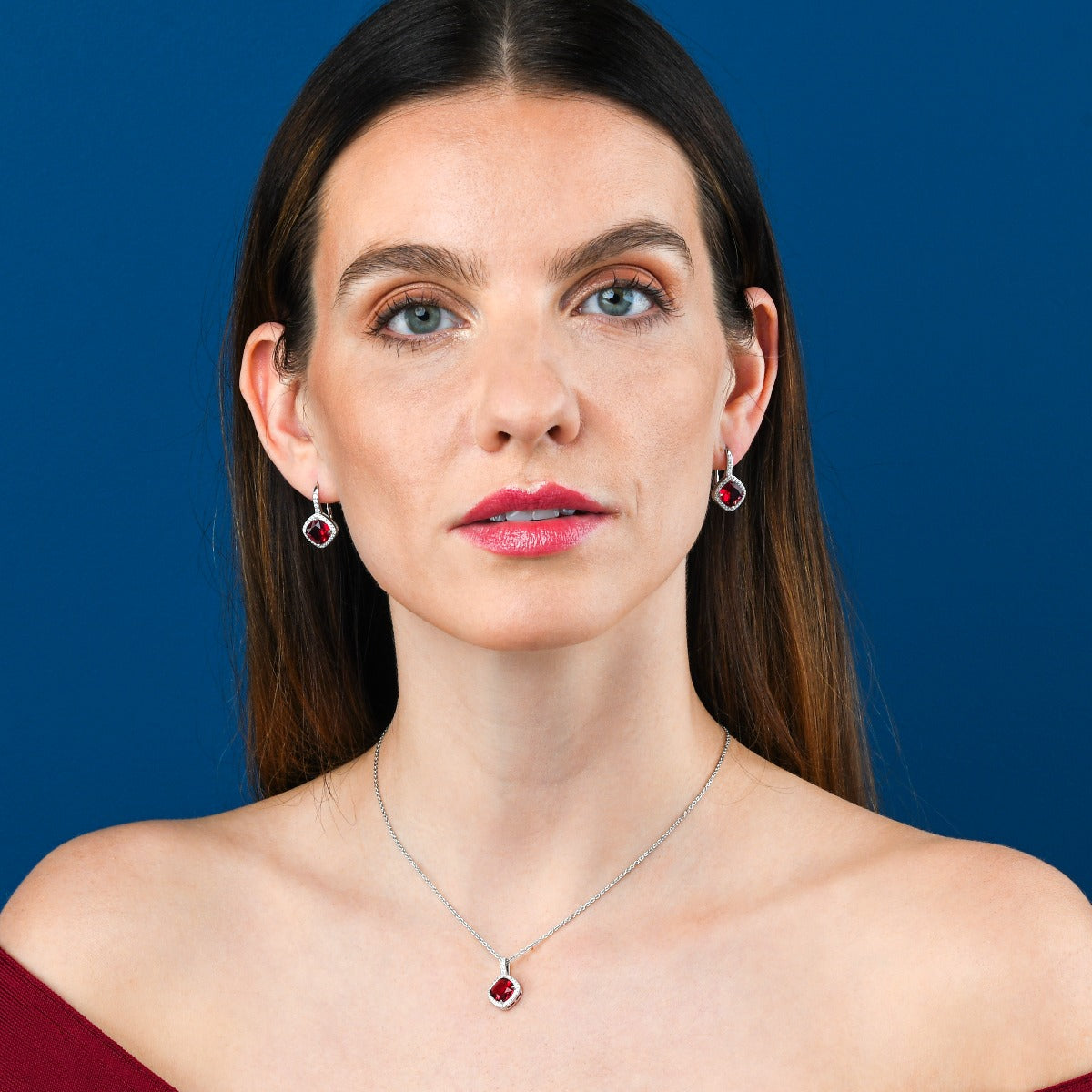 Sterling Silver Red Cushion Shaped  Drop Earrings with Leverback clasps