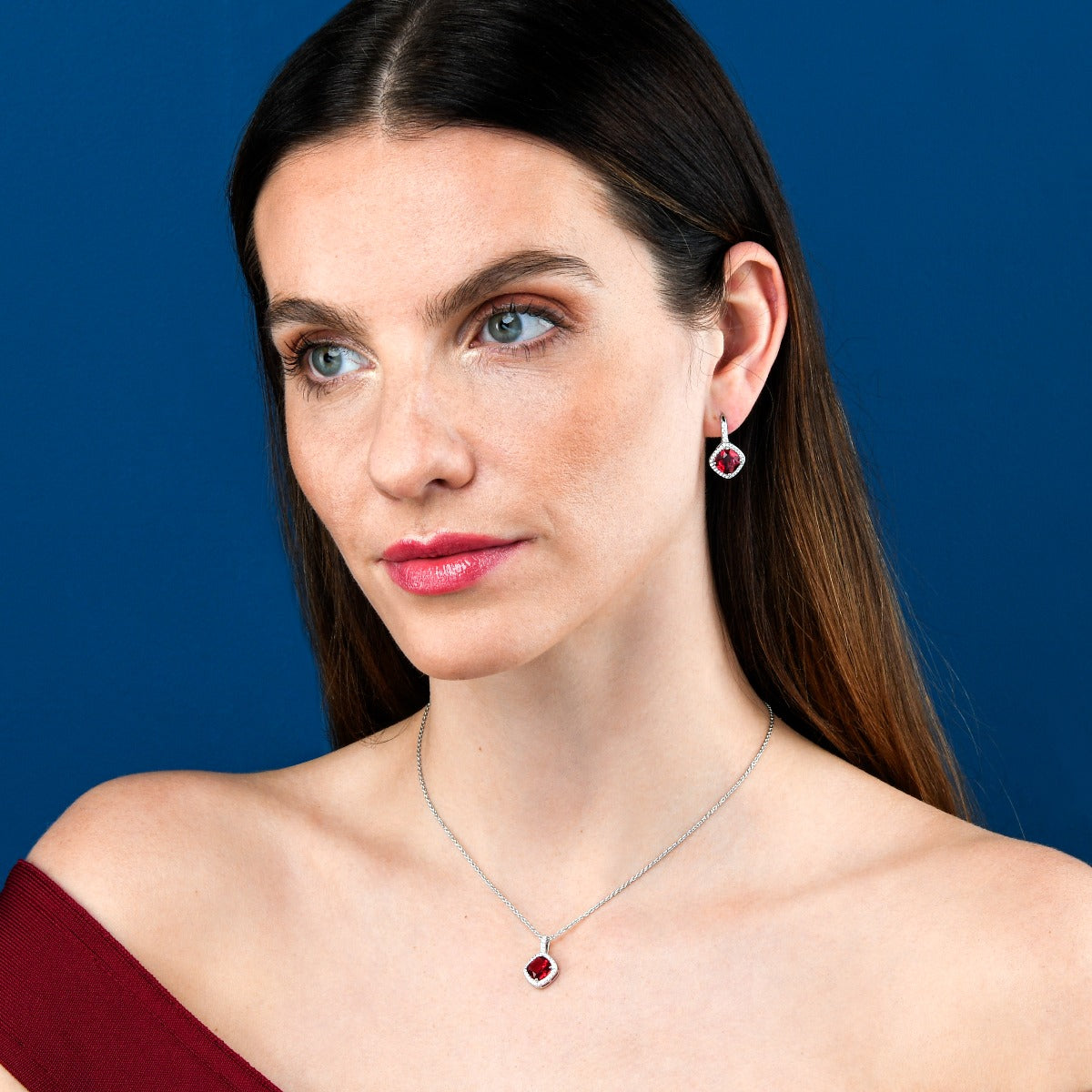 Sterling Silver Cushion Shaped Red Pendant Necklace