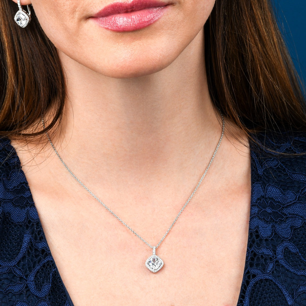 Sterling Silver Cushion Shaped Cubic Zirconia Pendant Necklace