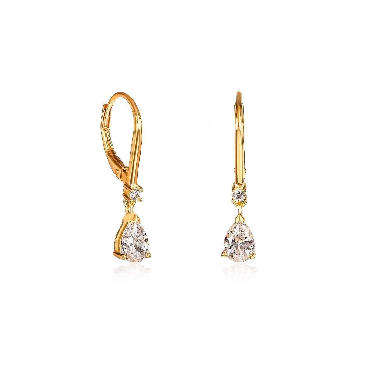 Gold Plated Sterling Silver Pear CZ Leverback Drop Earrings