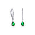 Sterling Silver Green Pear CZ Leverback Drop Earrings
