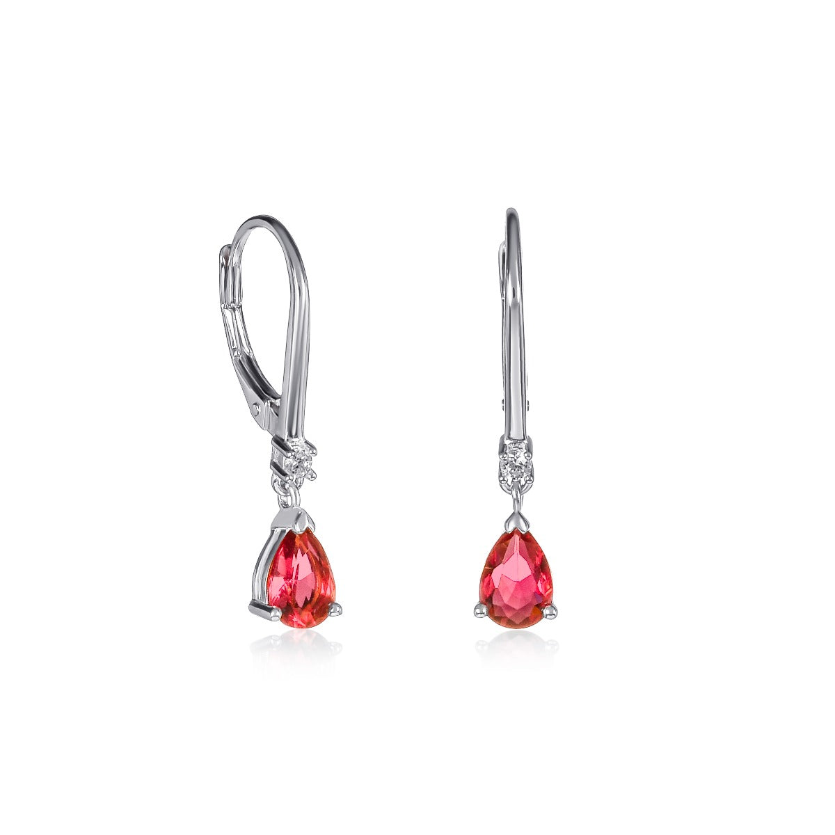 Sterling Silver Red Pear CZ Leverback Drop Earrings