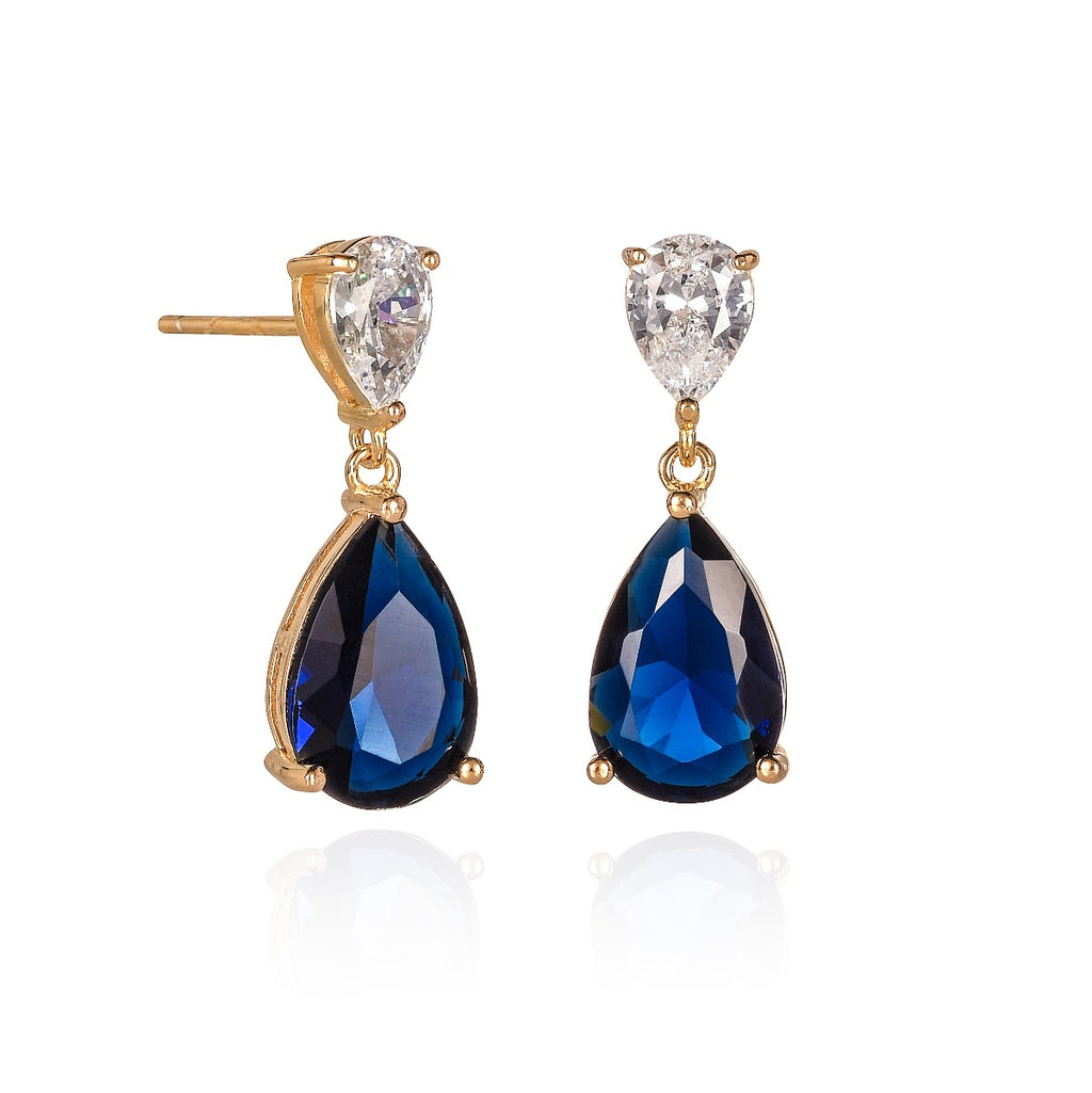 Gold Plated Sterling Silver Pear Shaped Dark Blue Drop Earrings