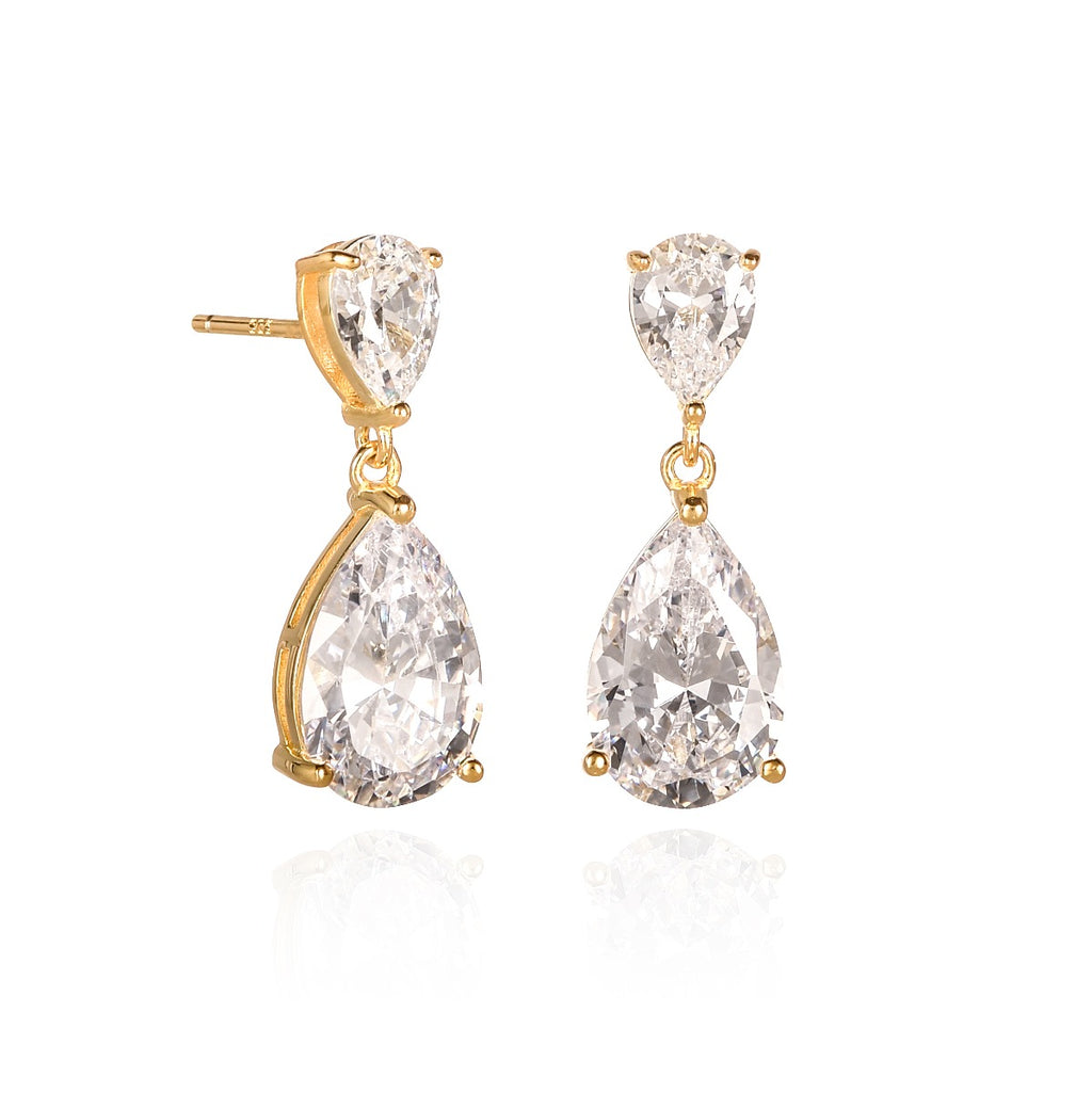Gold Plated Sterling Silver Cubic Zirconia Pear Shaped Drop Earrings