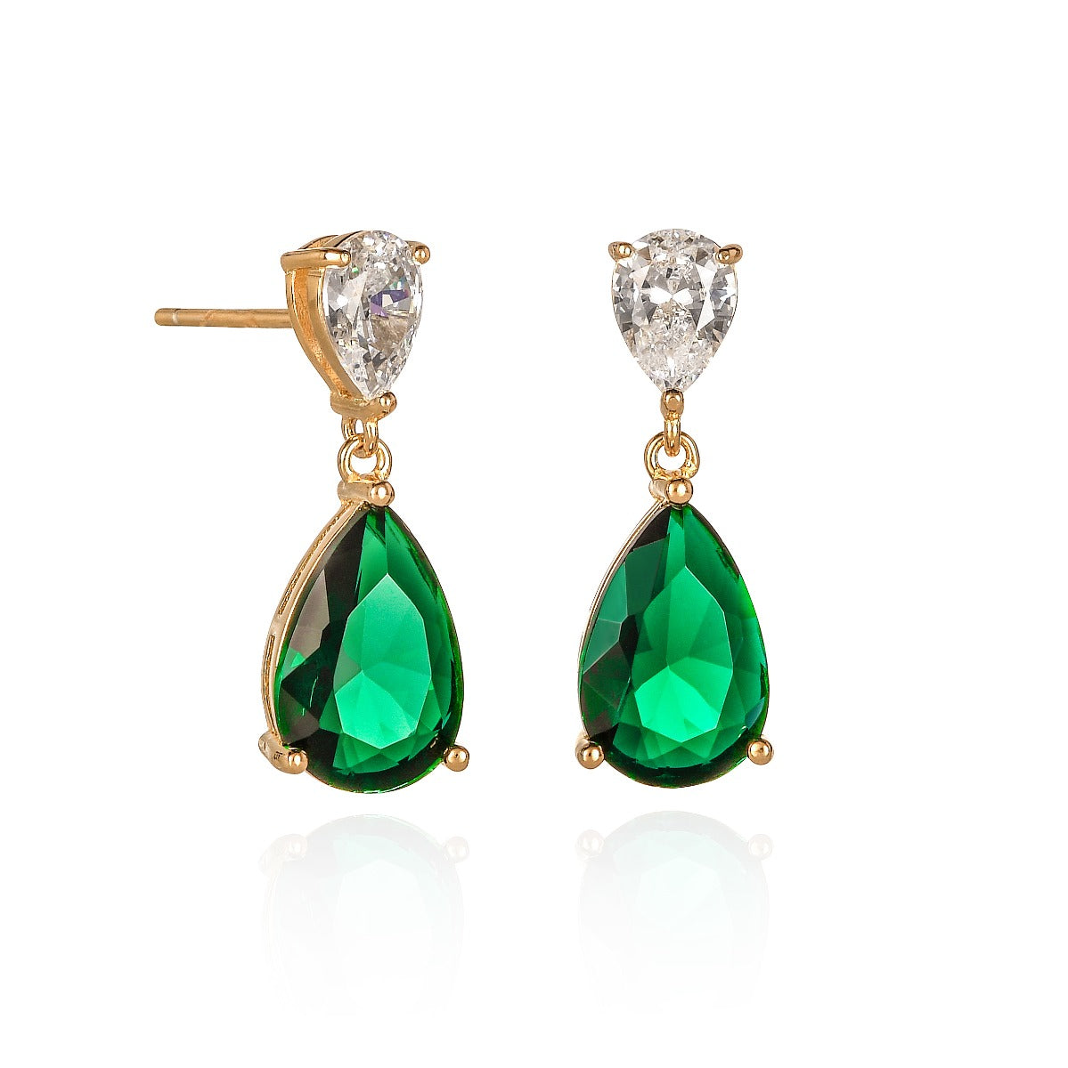 Gold Plated Sterling Silver Pear Shaped Green Drop Earrings