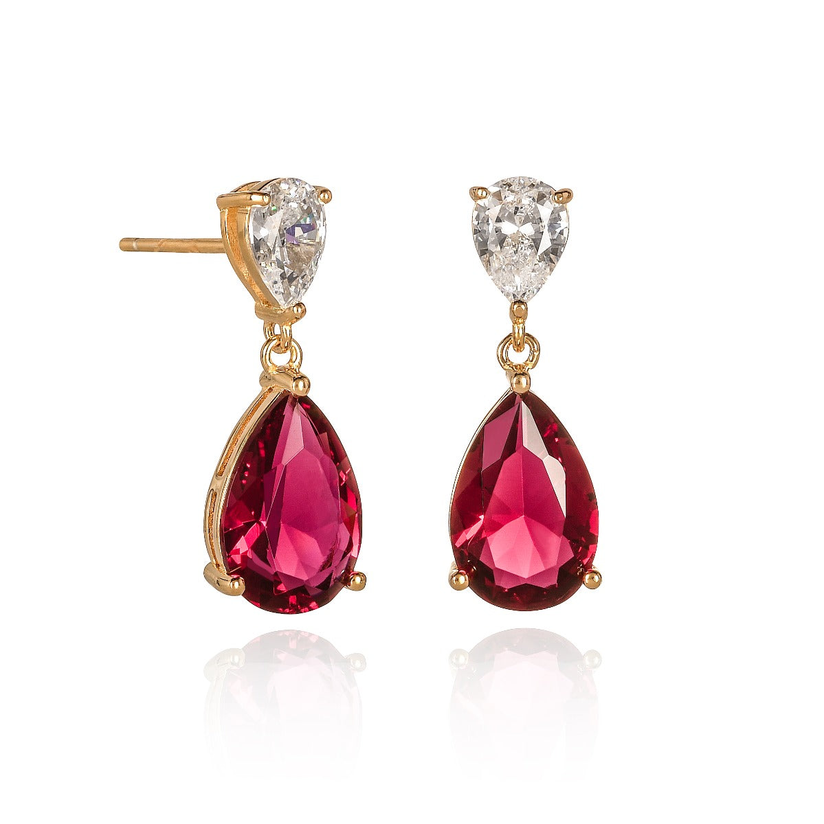 Gold Plated Sterling Silver Pear Shaped Red Drop Earrings