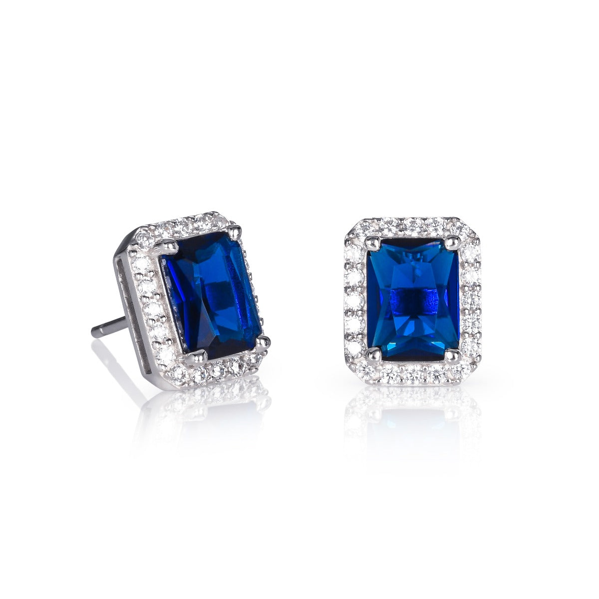 Sterling Silver Emerald Cut Blue Halo Stud Earrings