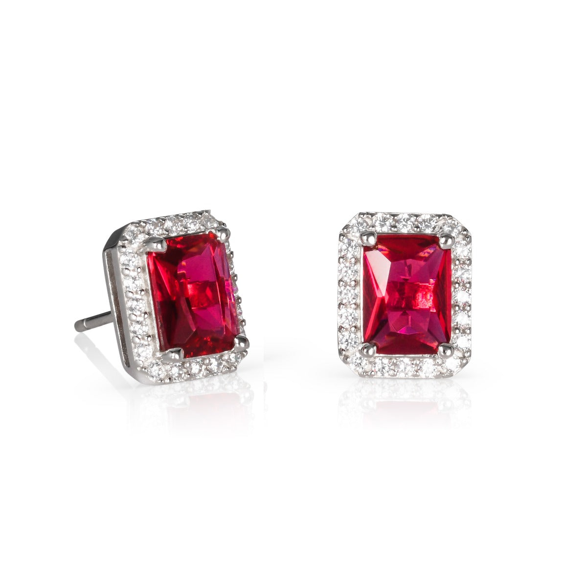 Sterling Silver Emerald Cut Pink Red Halo Stud Earrings