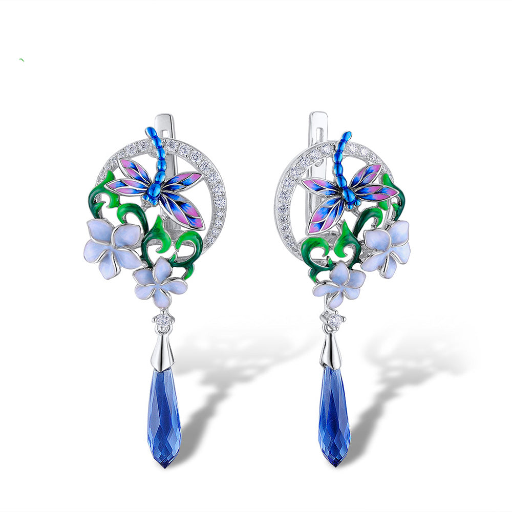 925 silver statement earrings with blue dragonfly