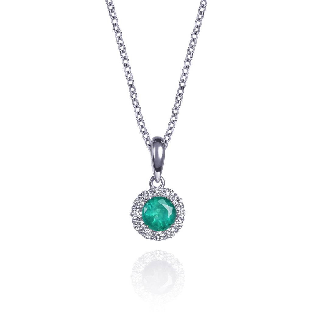 Emerald halo necklace in white gold