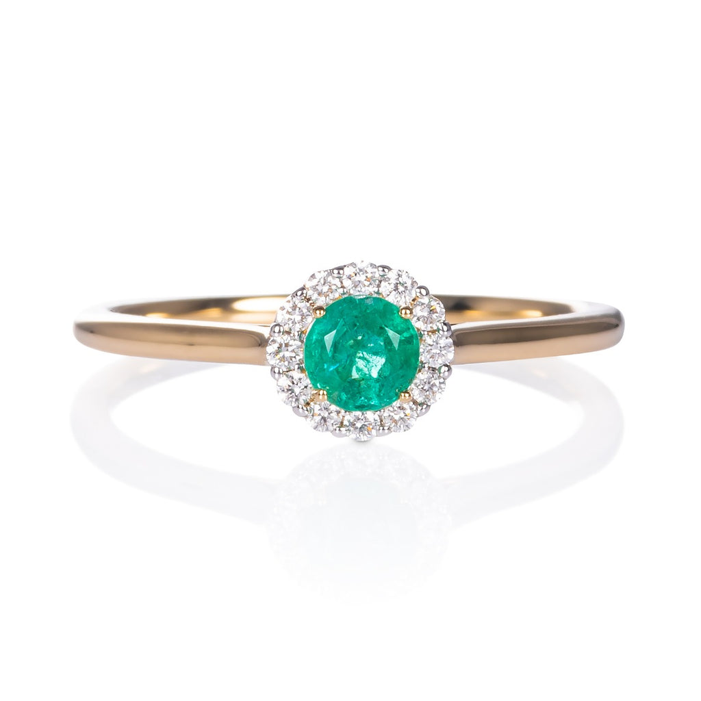Emerald Ring 0.32ct Round Emerald & 0.09ct Diamonds 9K Yellow Gold