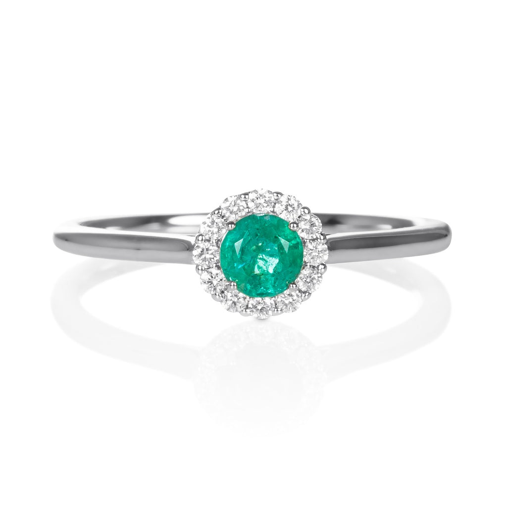 Emerald Ring 0.32ct Round Emerald & 0.09ct Diamonds 9K White Gold