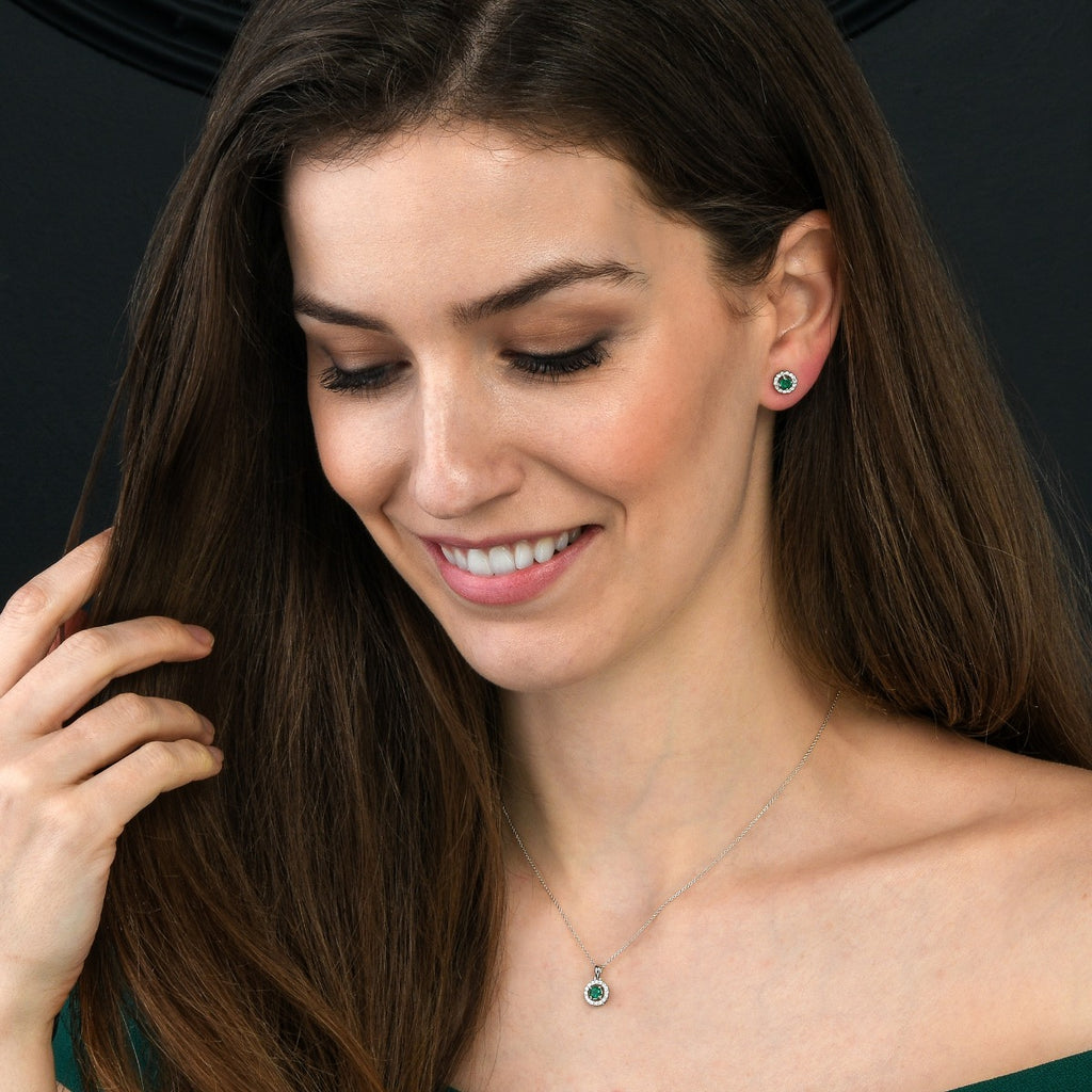 0.33ct Emerald Earrings with Diamond Halo 9K White Gold