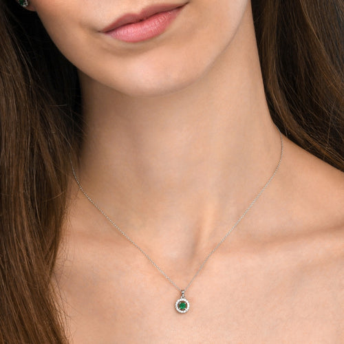 Round Emerald Pendant Necklace 0.14ct Diamond 18K White Gold