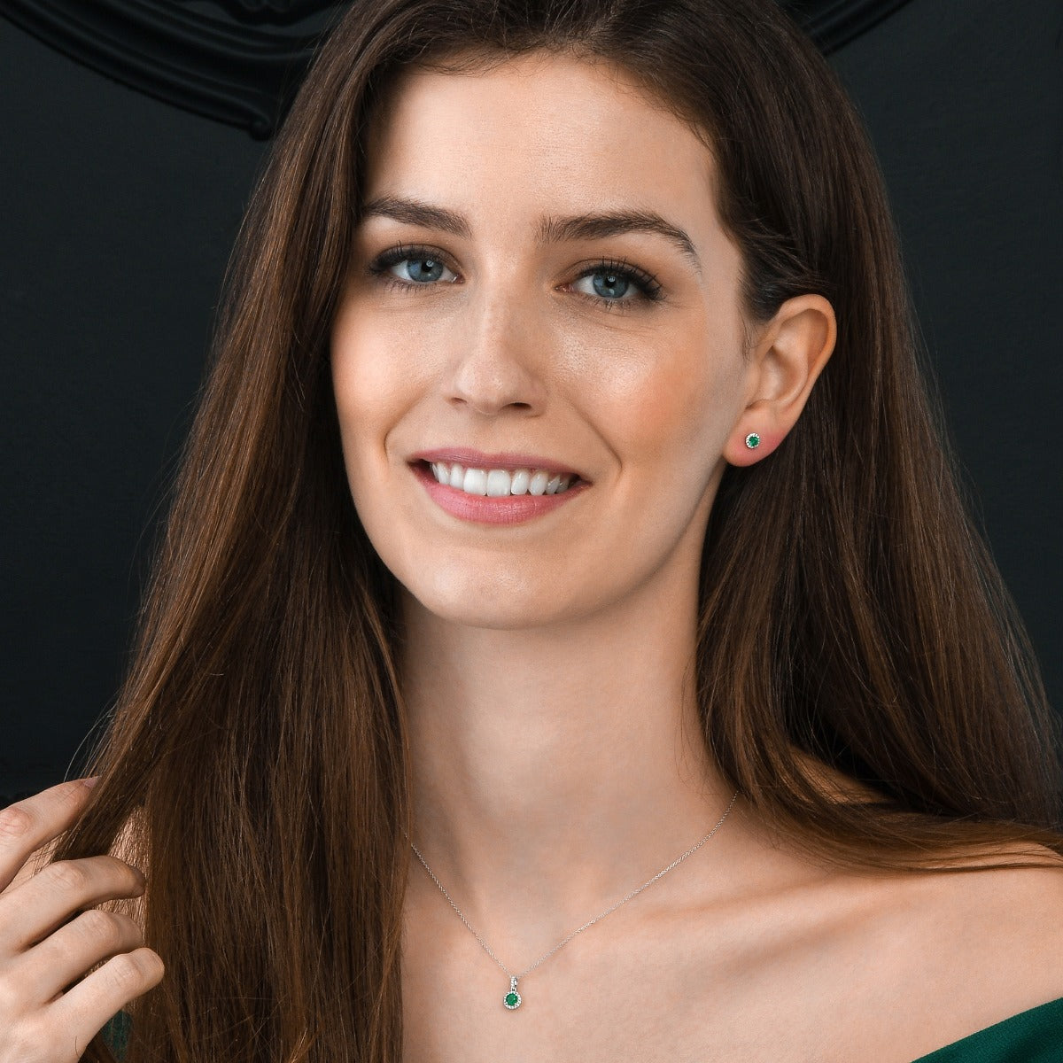 Round Emerald Halo Stud Earrings with Diamond in 18K White Gold