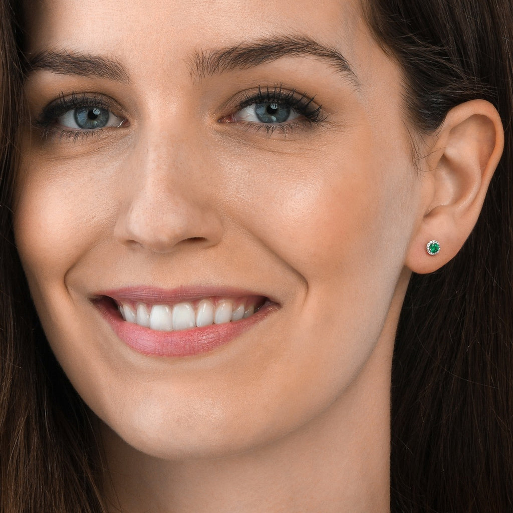 Round Emerald Halo Stud Earrings with Diamond in 18K White Gold